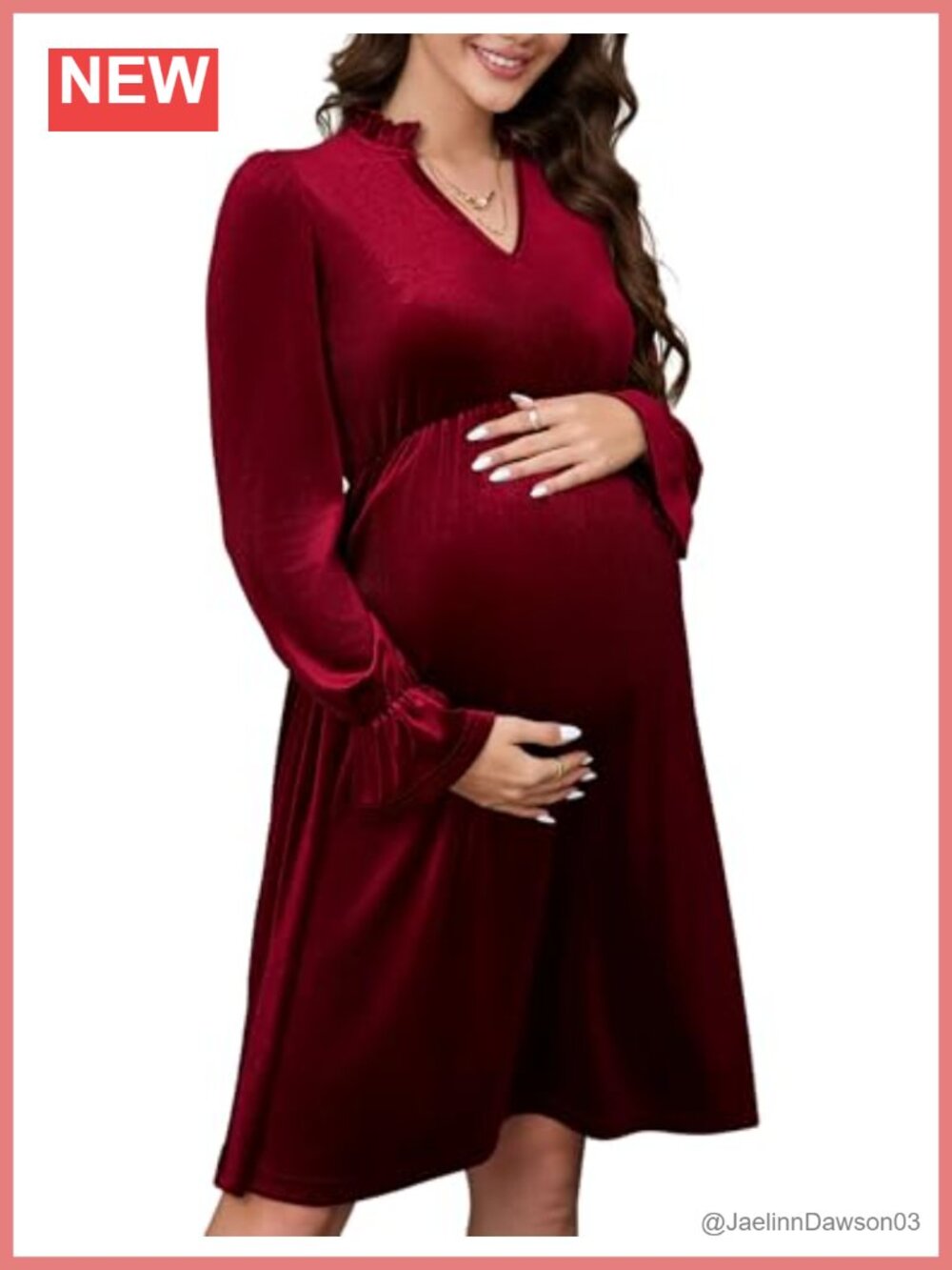 Maternity Velvet V Neck Ruffle Long Sleeve Midi Dress Cocktail Baby Shower